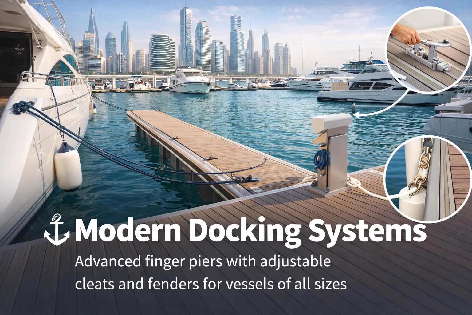 Modern docking systems with advanced finger piers at sunset