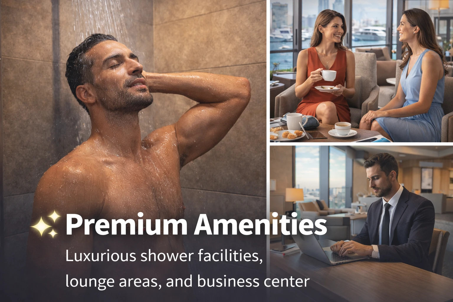 Premium amenities including shower facilities and business center