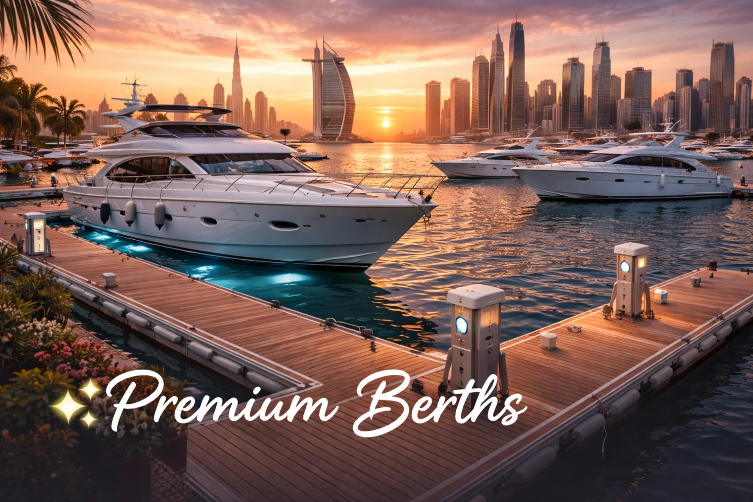 Premium yacht berths lined up at marina facility