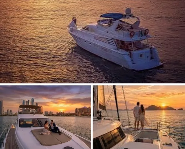 Romantic sunset yacht cruise in Dubai Marina with golden sky and illuminated waterfront skyline