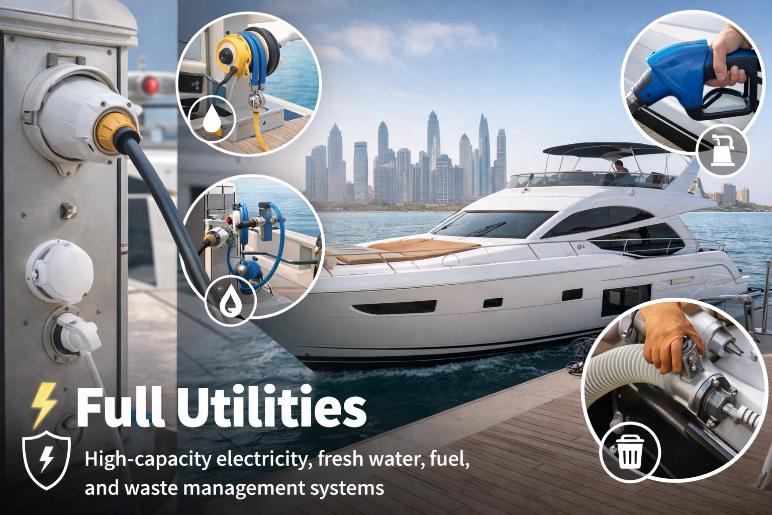 Full marina utilities including electricity and water systems